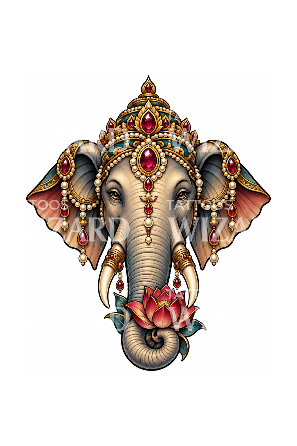 Jewelled Elephant Head with Lotus Tattoo Design