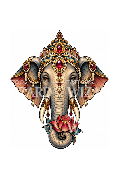 Jewelled Elephant Head with Lotus Tattoo Design