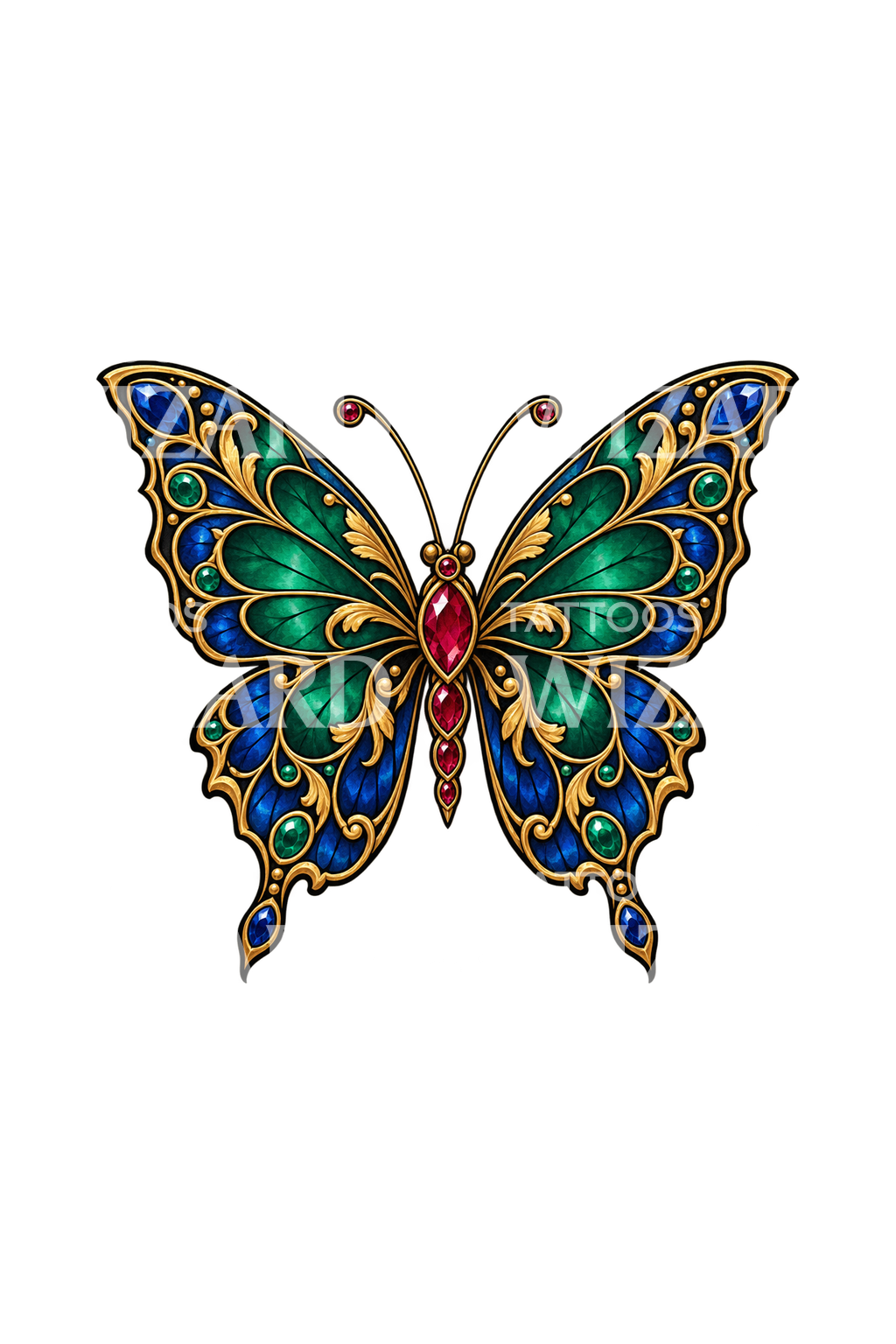 Diseño de tatuaje de mariposa de filigrana enjoyada