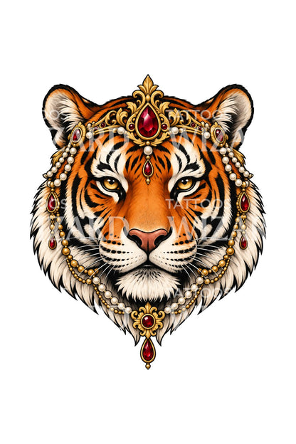 Jewelled Headdress Tiger Tattoo Illustration