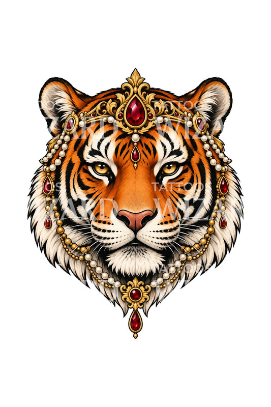 Jewelled Headdress Tiger Tattoo Illustration