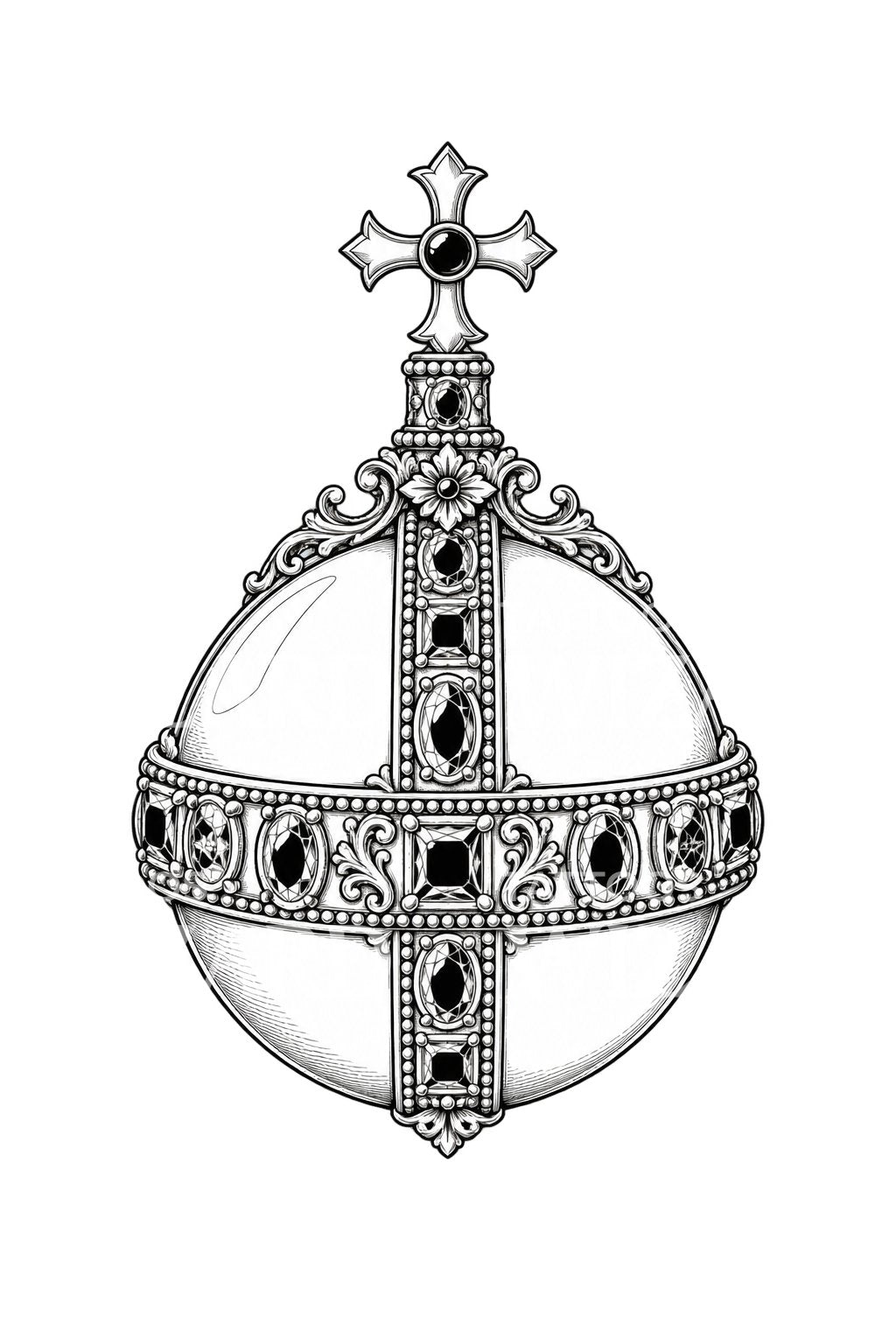 Tatoeageontwerp met juweelbezette koningsbol en kruis