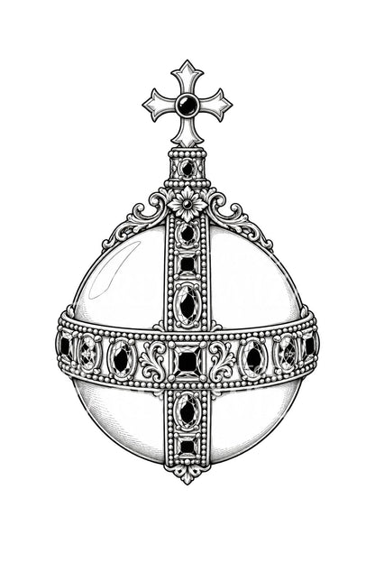Tatoeageontwerp met juweelbezette koningsbol en kruis