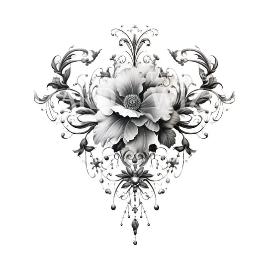 Tattoo-Design mit dekorativen Blumen und Schmuck