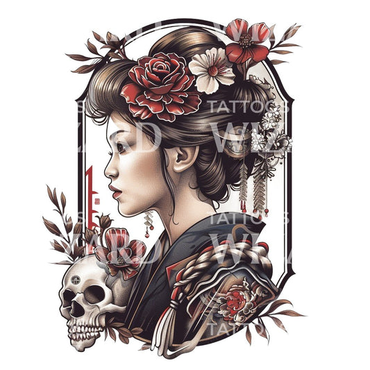 Japanese Geisha and Skull Tattoo Design