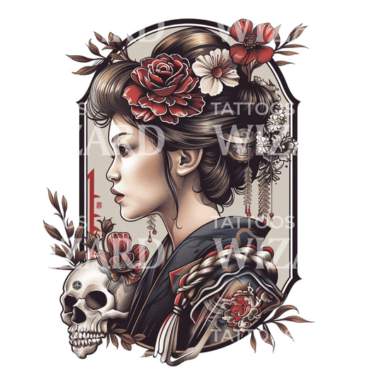 Japanese Geisha and Skull Tattoo Design