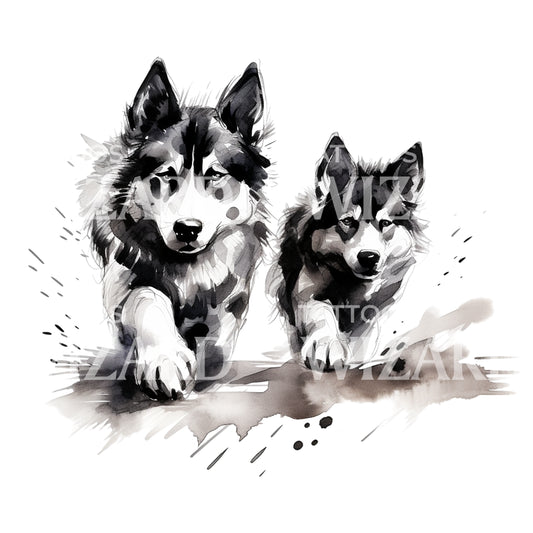 Siberian Husky and Puppy Watercolor Tattoo Design