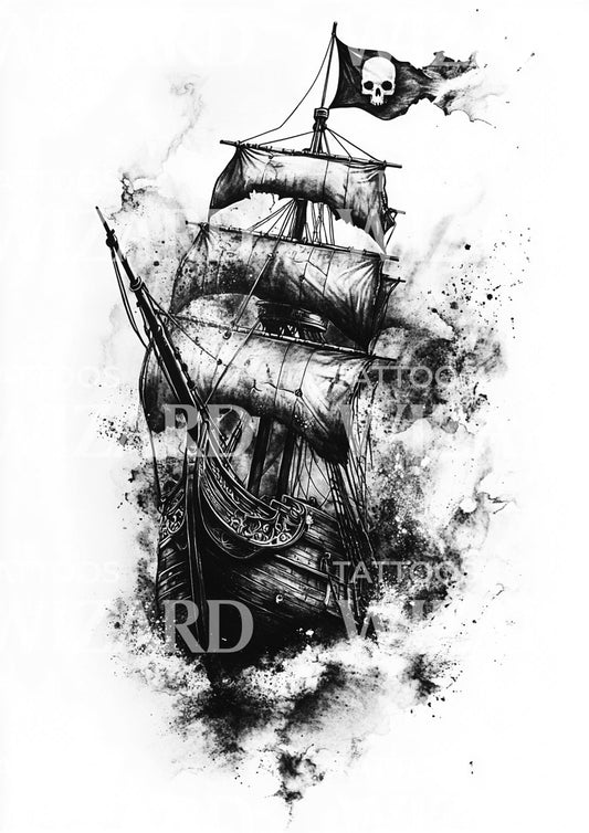 Jolly Roger Flag on a Pirate Ship Tattoo Design