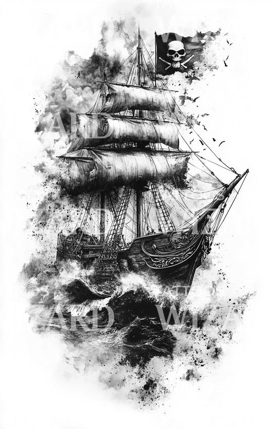 Jolly Roger Pirate Ship Tattoo Design