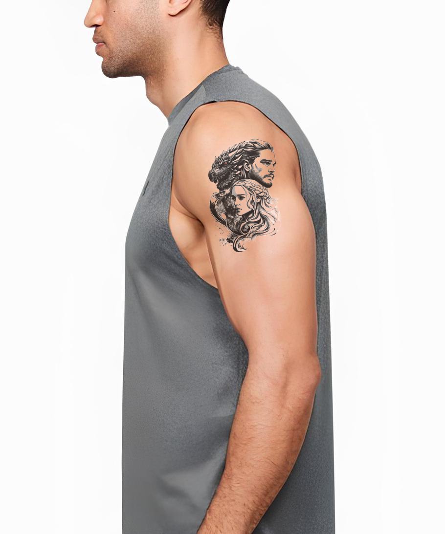 GoT Jon Snow and Daenerys With Dragon Portrait Tattoo Design