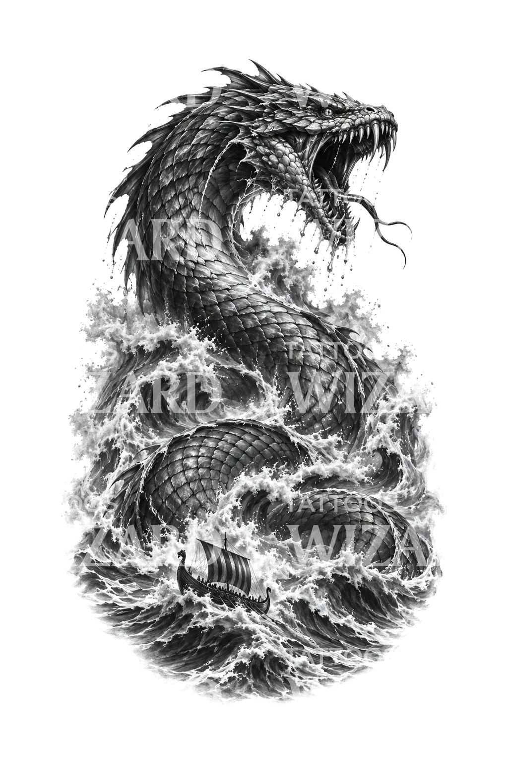 Tatovering med Jormungandr, verdensormen, der rejser sig fra et stormfuldt hav