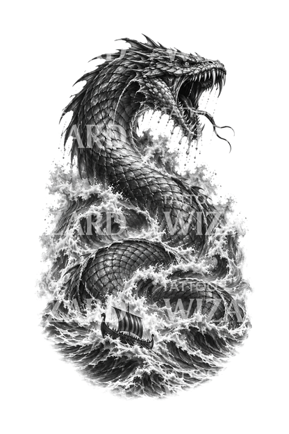 Tatovering med Jormungandr, verdensormen, der rejser sig fra et stormfuldt hav