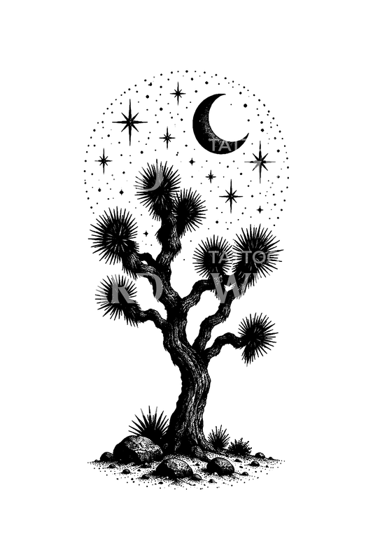Joshua tree sob estrelas e lua crescente, tatuagem dotwork
