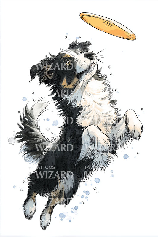 Joyful Frisbee Dog Tattoo Design