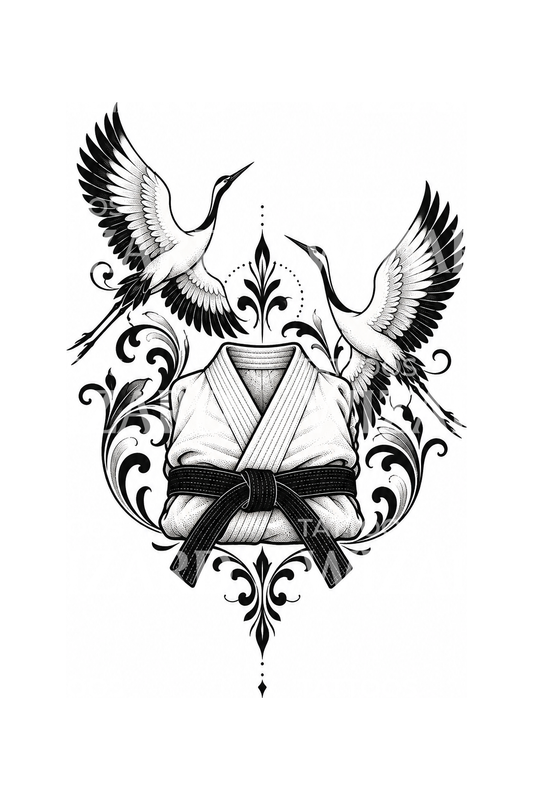 Judo Gi Black Belt and Cranes Tattoo