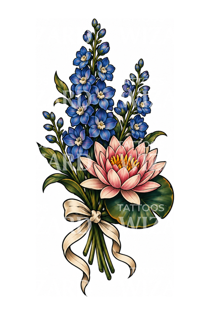 July Birth Flower Larkspur and Water Lily Bouquet Tattoo