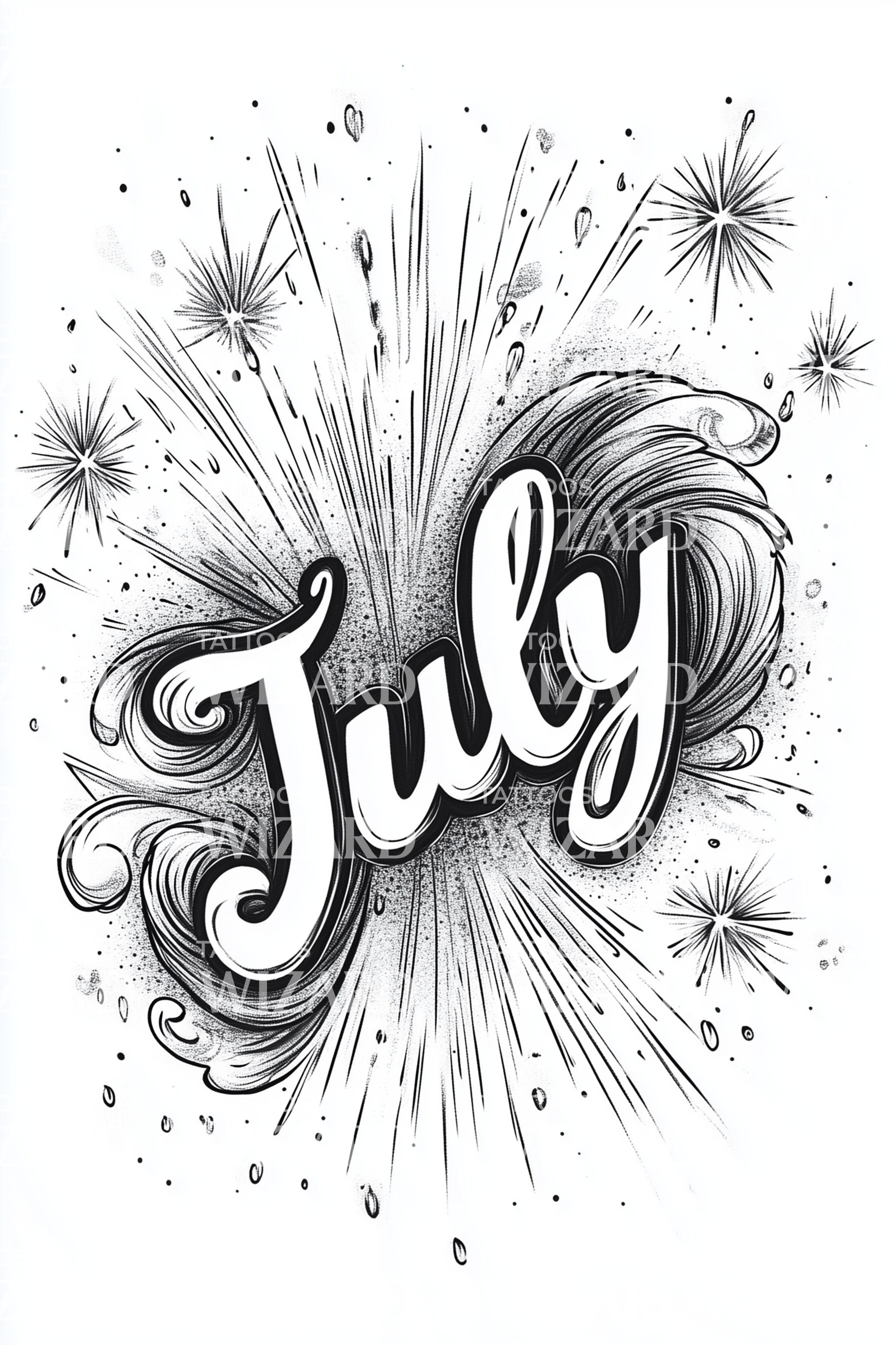 Firework July Lettering 7月 爆発バーストレタリングタトゥーデザイン – Tattoos Wizard Designs