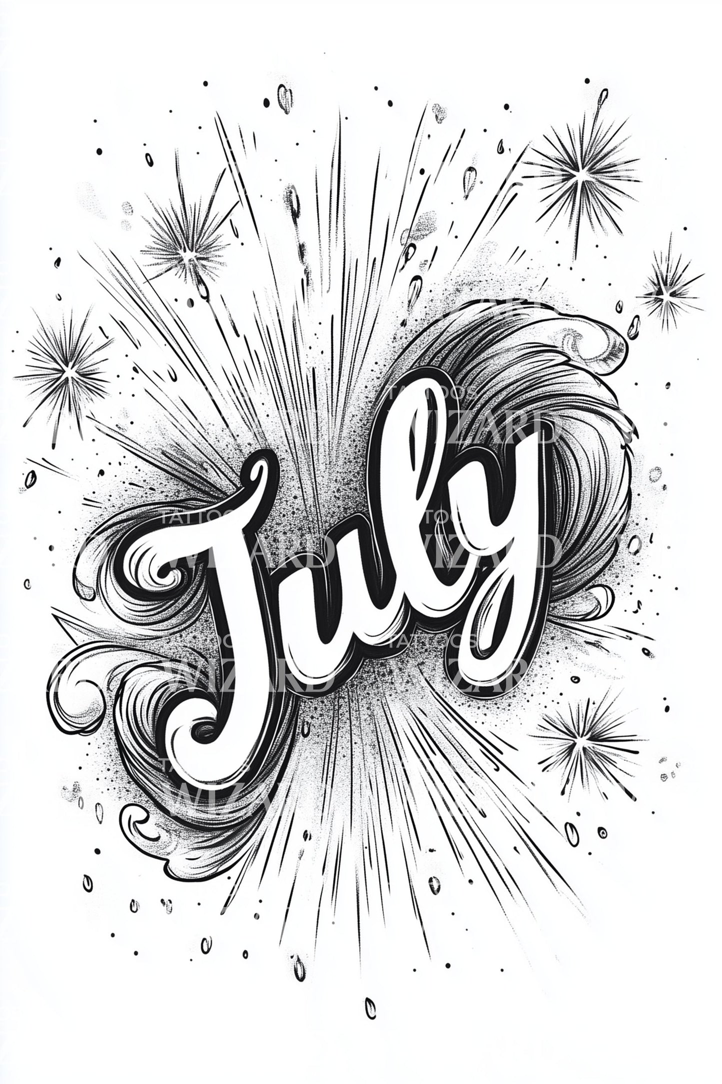 July Explosive Burst Lettering Tattoo Design