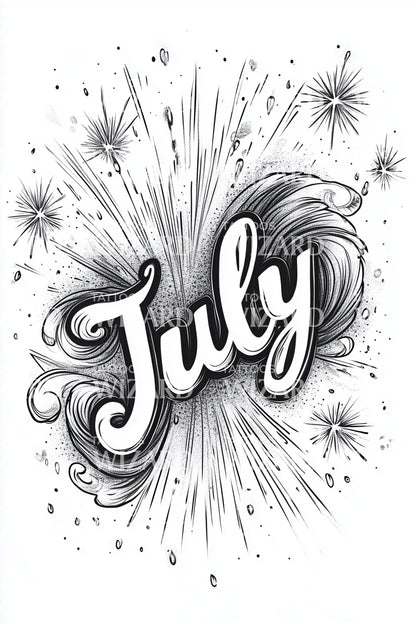 July Explosive Burst Lettering Tattoo Design