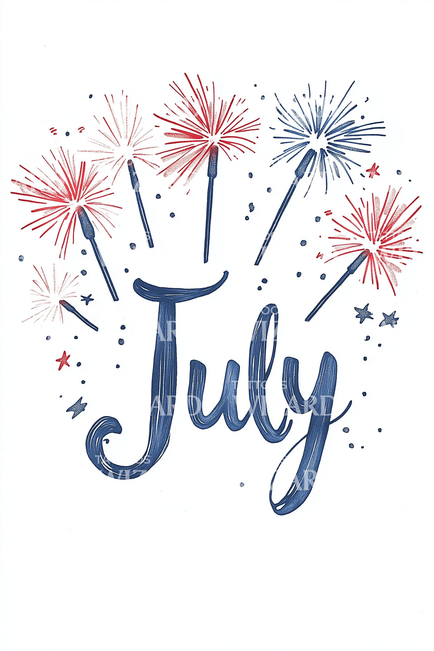 July Fireworks Blue Script Tattoo Illustration