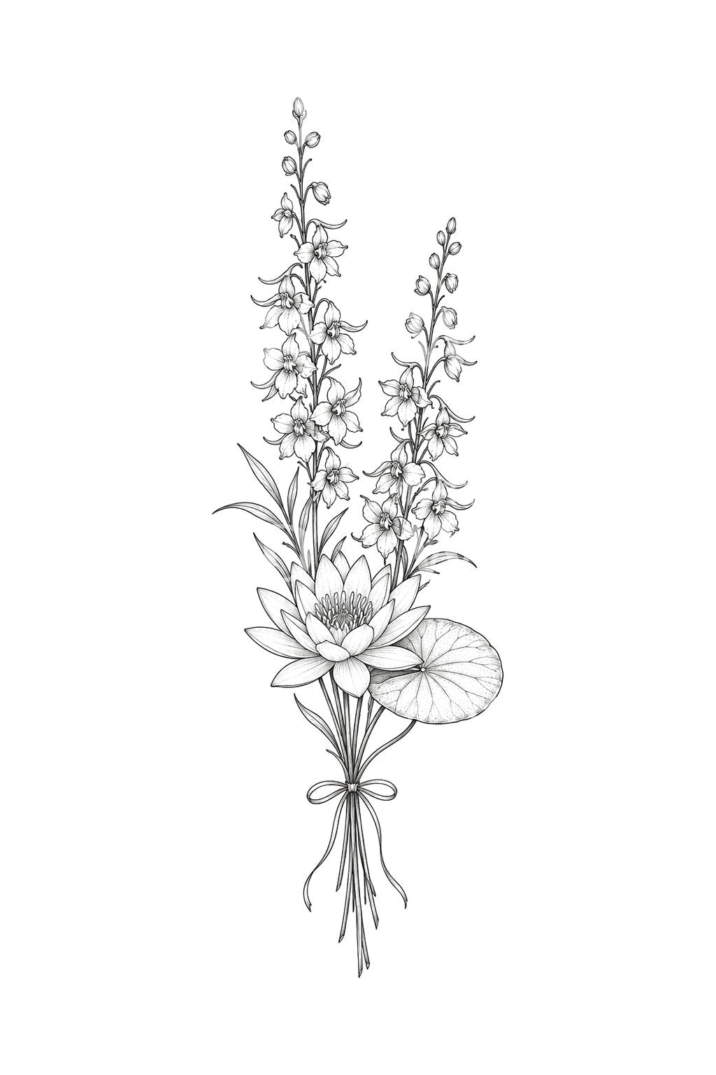 July Larkspur and Water Lily Bouquet Tattoo Idea
