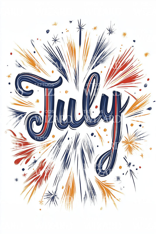 July Multicolor Fireworks Lettering Tattoo Design
