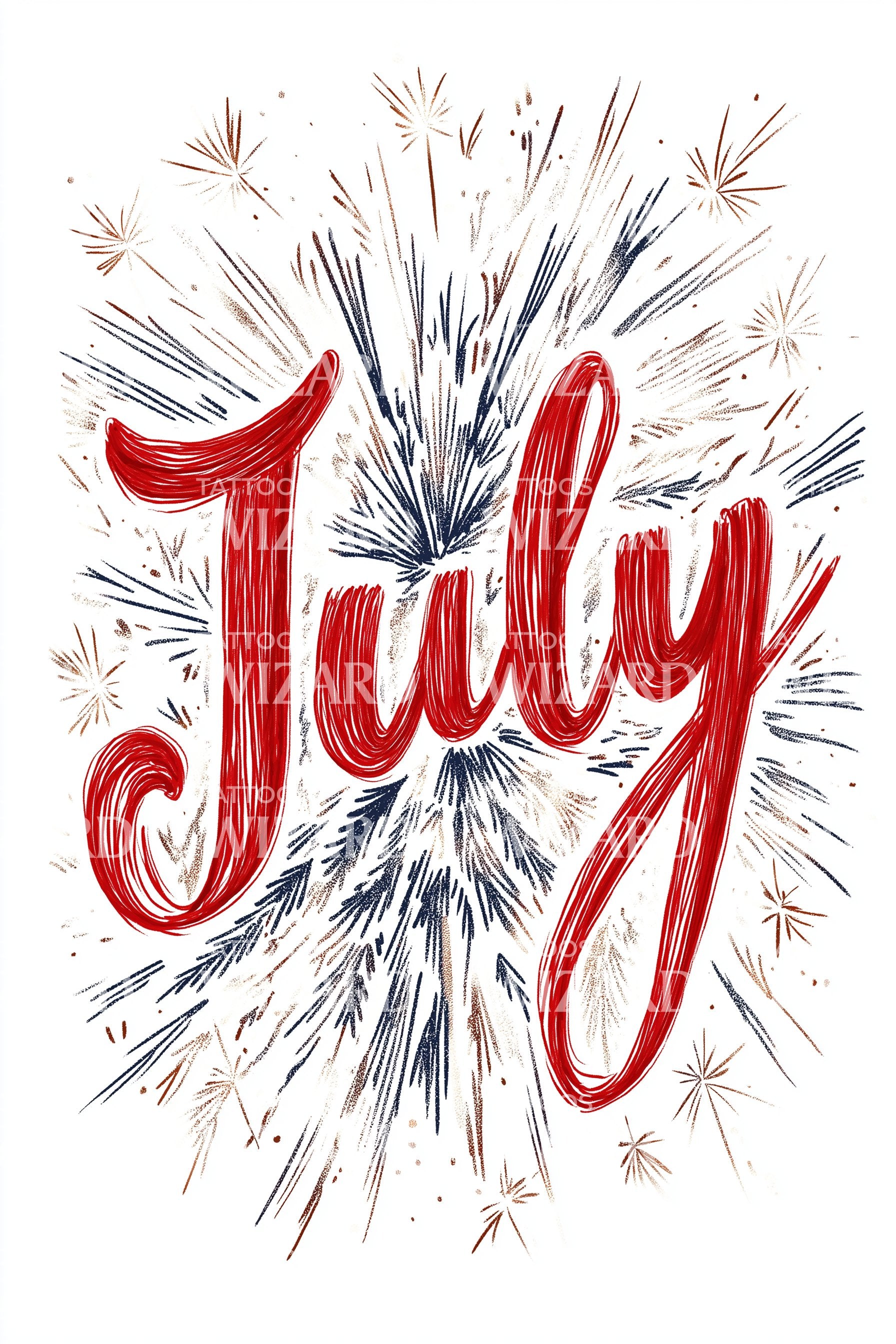Firework July Hand Lettering July Red Script Fireworks Tattoo Illustration – Tattoos Wizard Designs