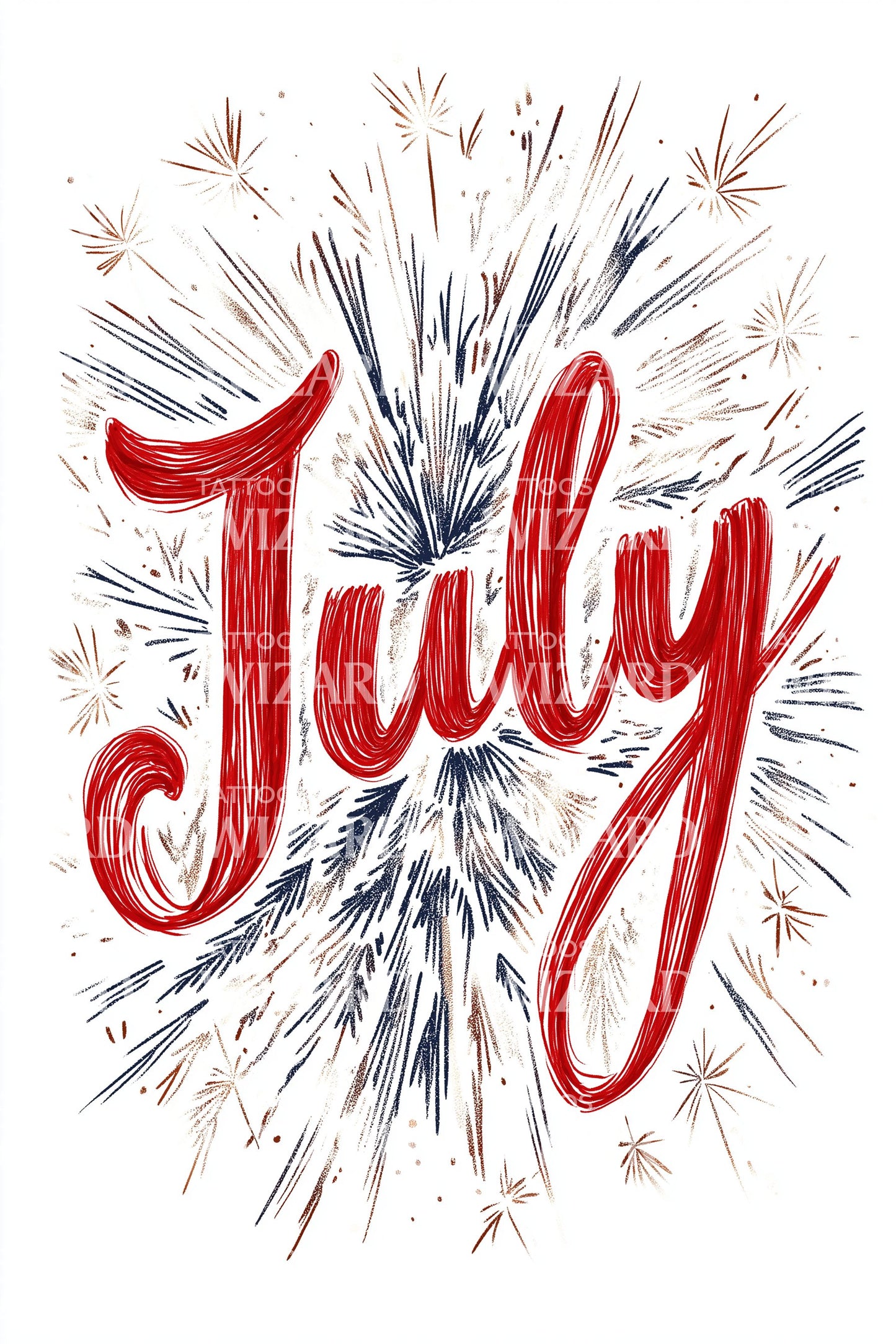 July Red Script Fireworks Tattoo Illustration