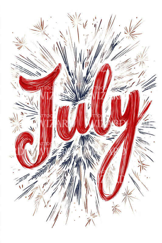 July Red Script Fireworks Tattoo Illustration