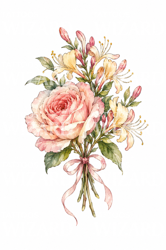 Tattoo met juni-geboortebloemen, roos en kamperfoelie