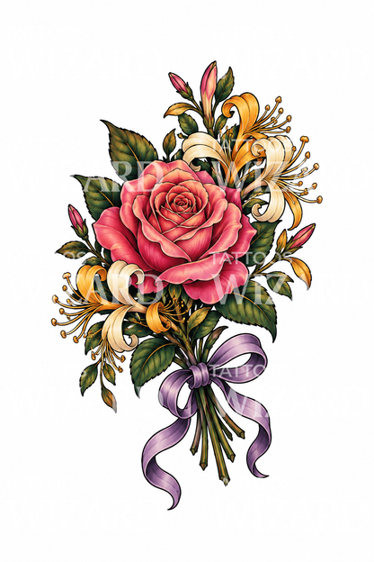 June Birth Flower Rose and Honeysuckle Tattoo Design