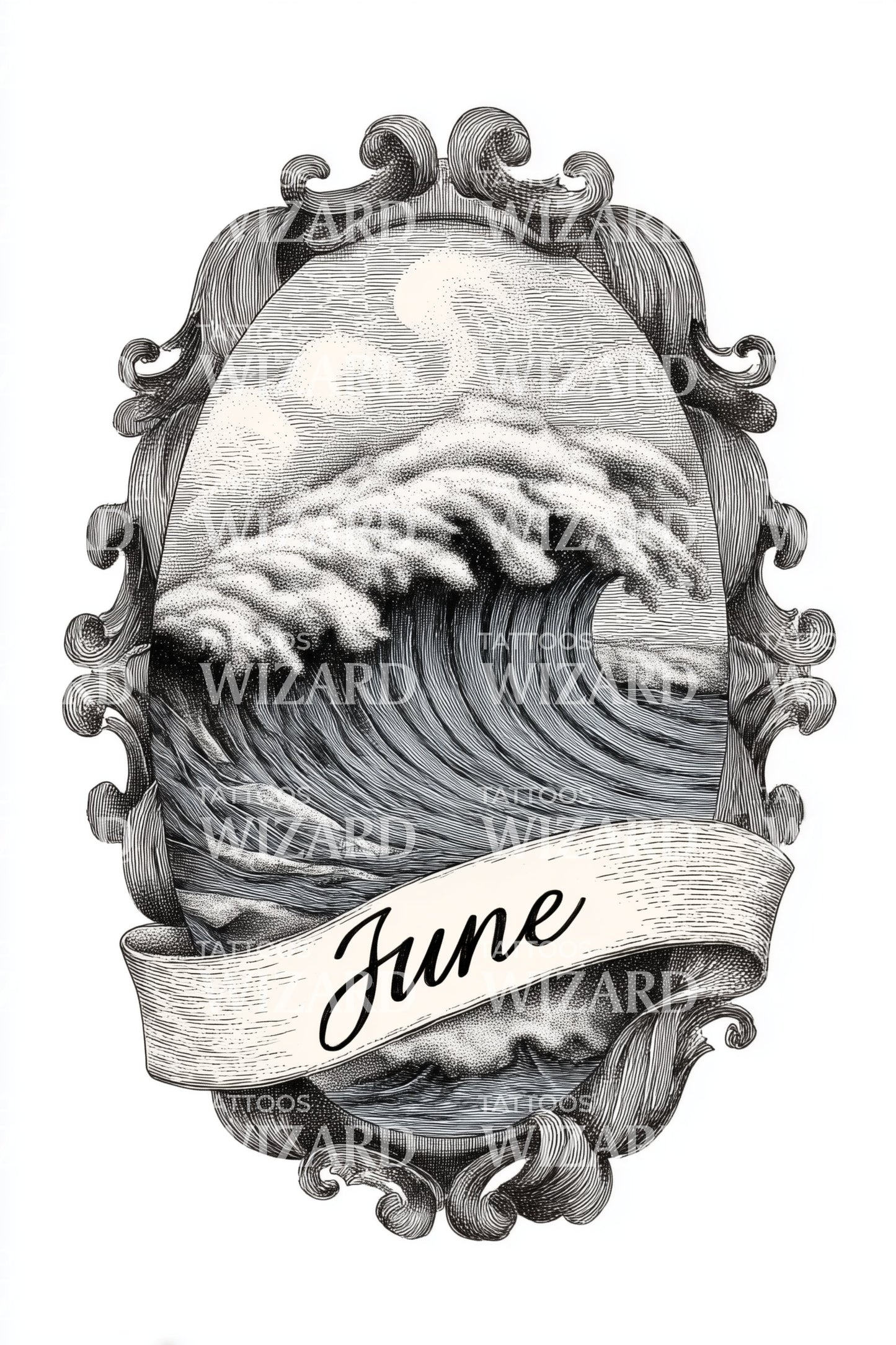 June Vintage Wave Cameo Tattoo Illustration