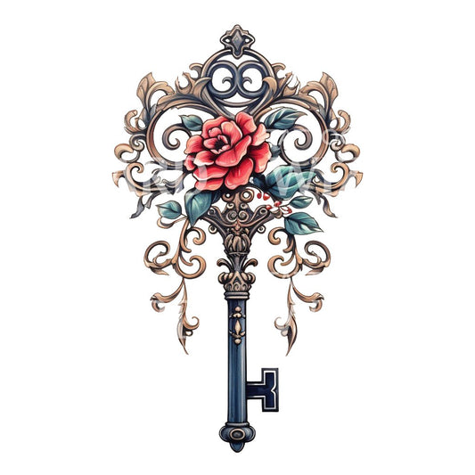 Metal Artwork Key with Flowers Tattoo Design