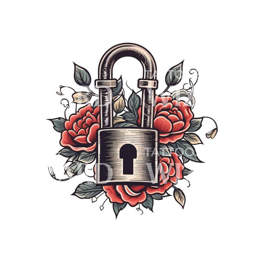 A Lock and Roses Old School Tattoo Design