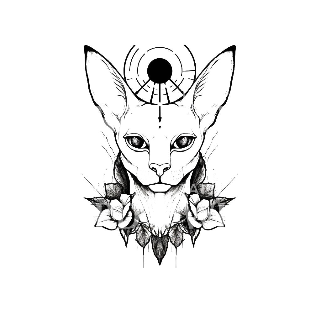 Conception de tatouage de portrait mystique de chat Sphynx