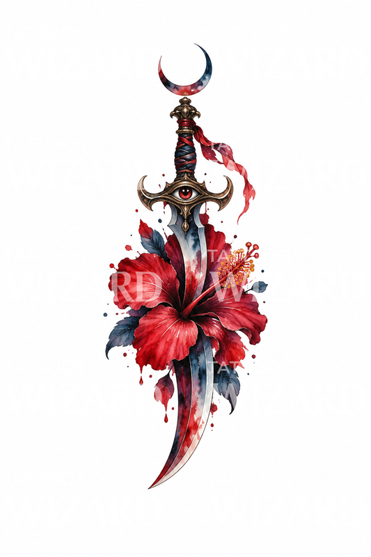 Diseño de tatuaje de Kali con espada e hibisco rojo