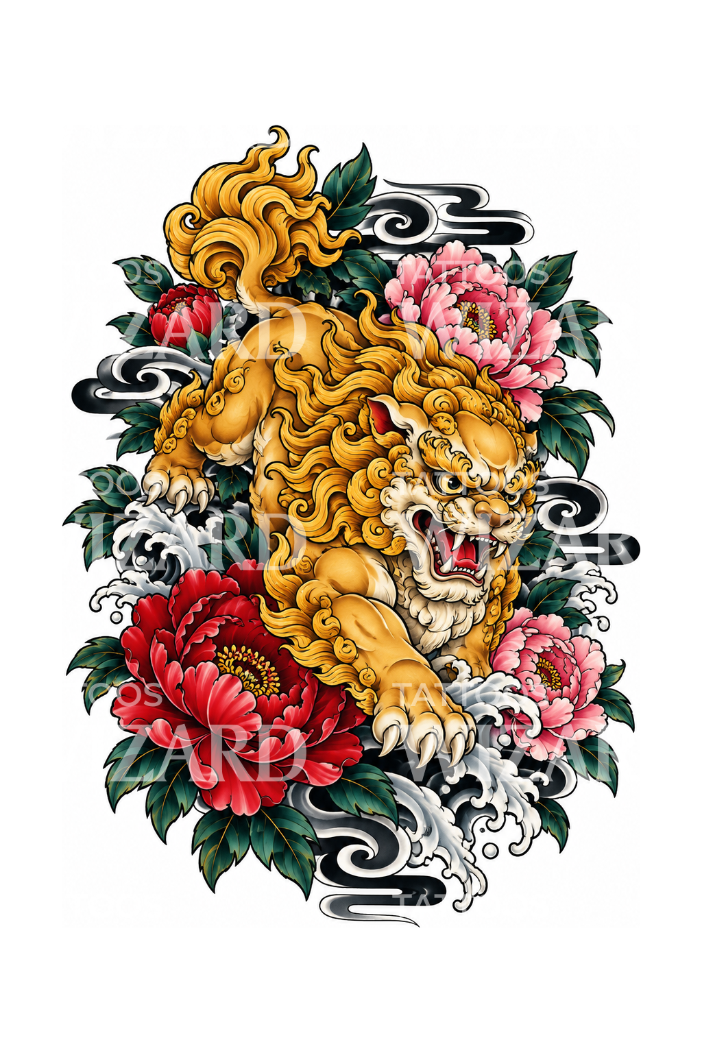 Leone guardiano karajishi giapponese con peonie