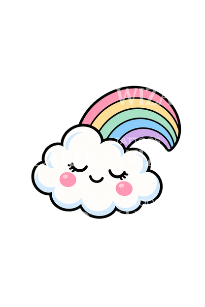 Tatuaje kawaii de nube dormida con arcoíris pastel