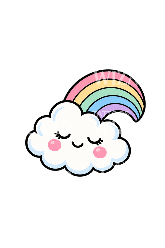 Tatuaje kawaii de nube dormida con arcoíris pastel