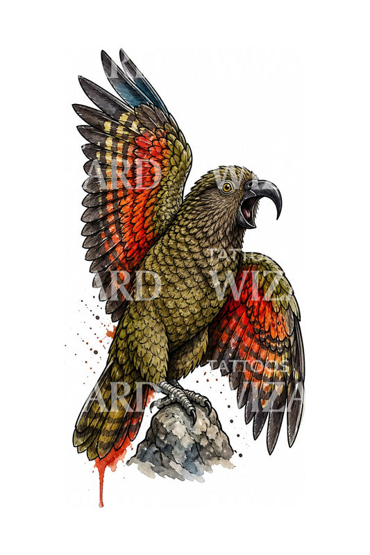Kea-alpepapegøye med åpne vinger, tatoveringsdesign