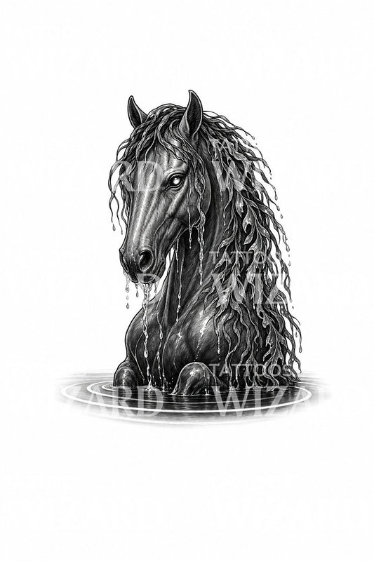 Ilustração de tatuagem de kelpie, cavalo de água a emergir