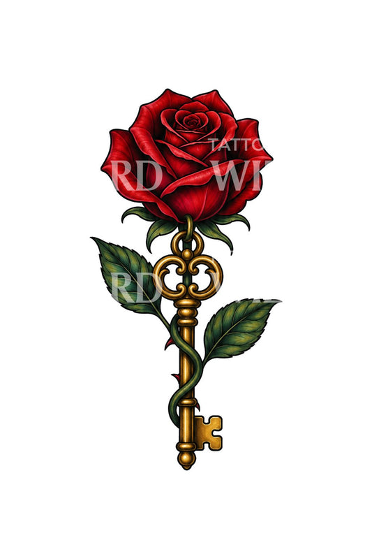 Desenho de tatuagem rosa, chave do coração