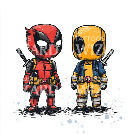 Diseño de tatuaje de niños disfrazados de Deadpool y Wolverine