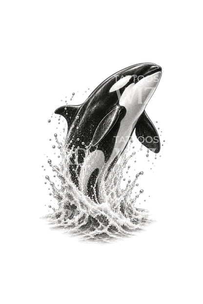 Killer Whale Leaping from Splash Tattoo Design