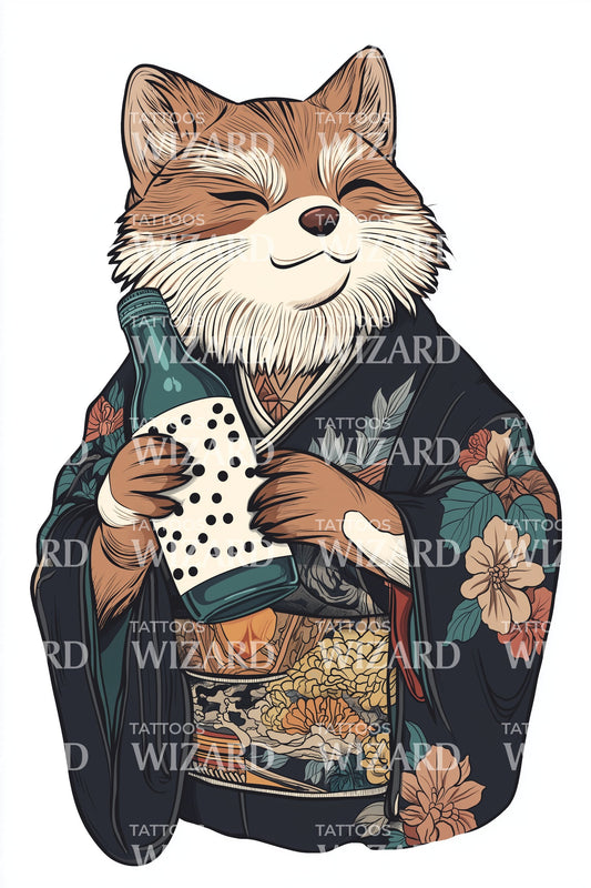 Kimono Fox Tea Tattoo Illustration