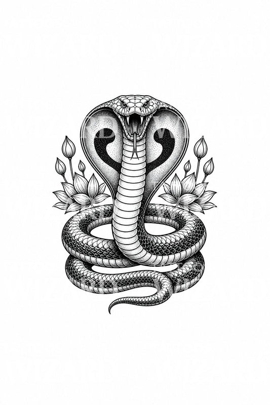 Motif de tatouage cobra royal à capuchon et lotus