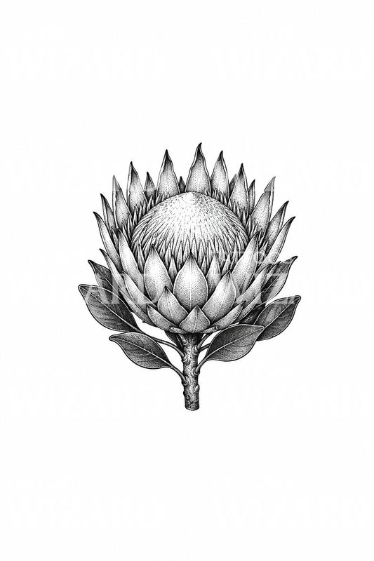Tato king protea bergaya dotwork