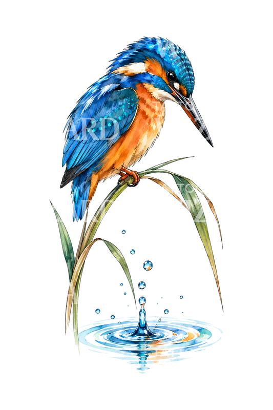 Eisvogel auf Schilf über Wasser, Aquarell-Tattooidee