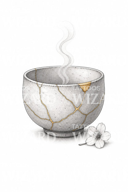 Jemný lineární tetovací návrh misky kintsugi