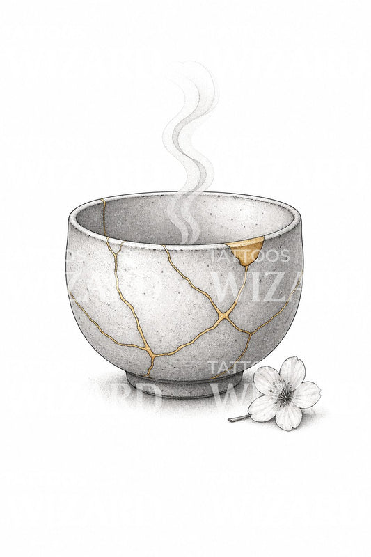 Desenho de tatuagem fine line de taça kintsugi